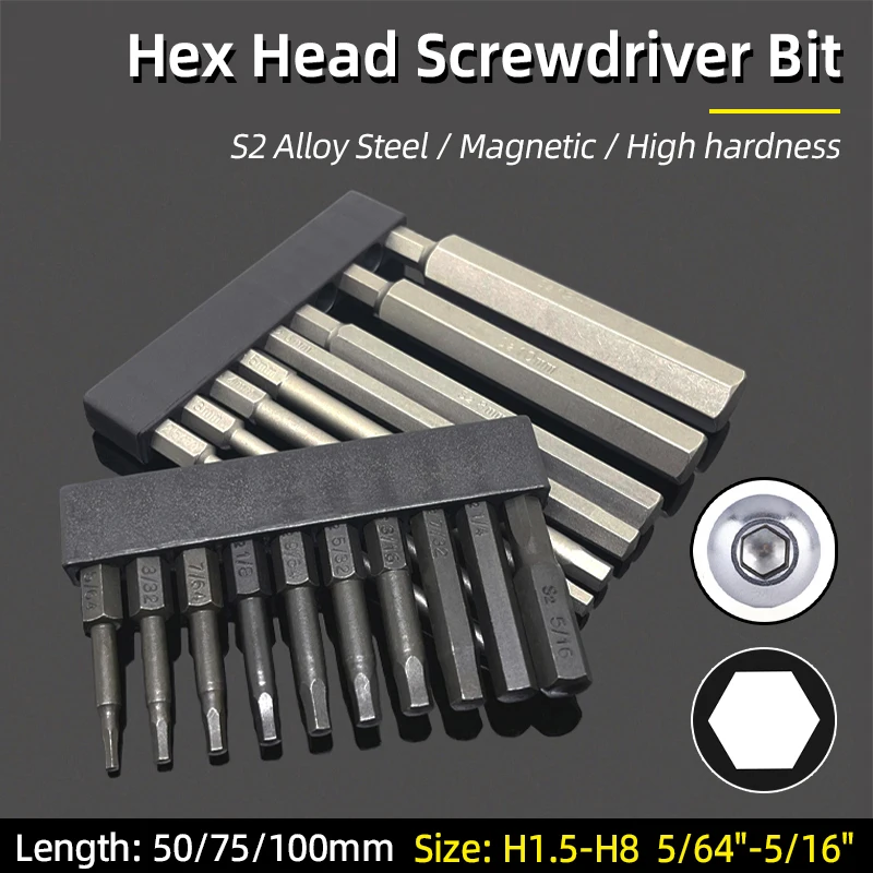 Hex Bit Set Head Allen Wrench Screwdriver Bit Set SAE Metric Hex Shank Magnetic Screw Driver S2 Steel Electric Drill Hand Tools