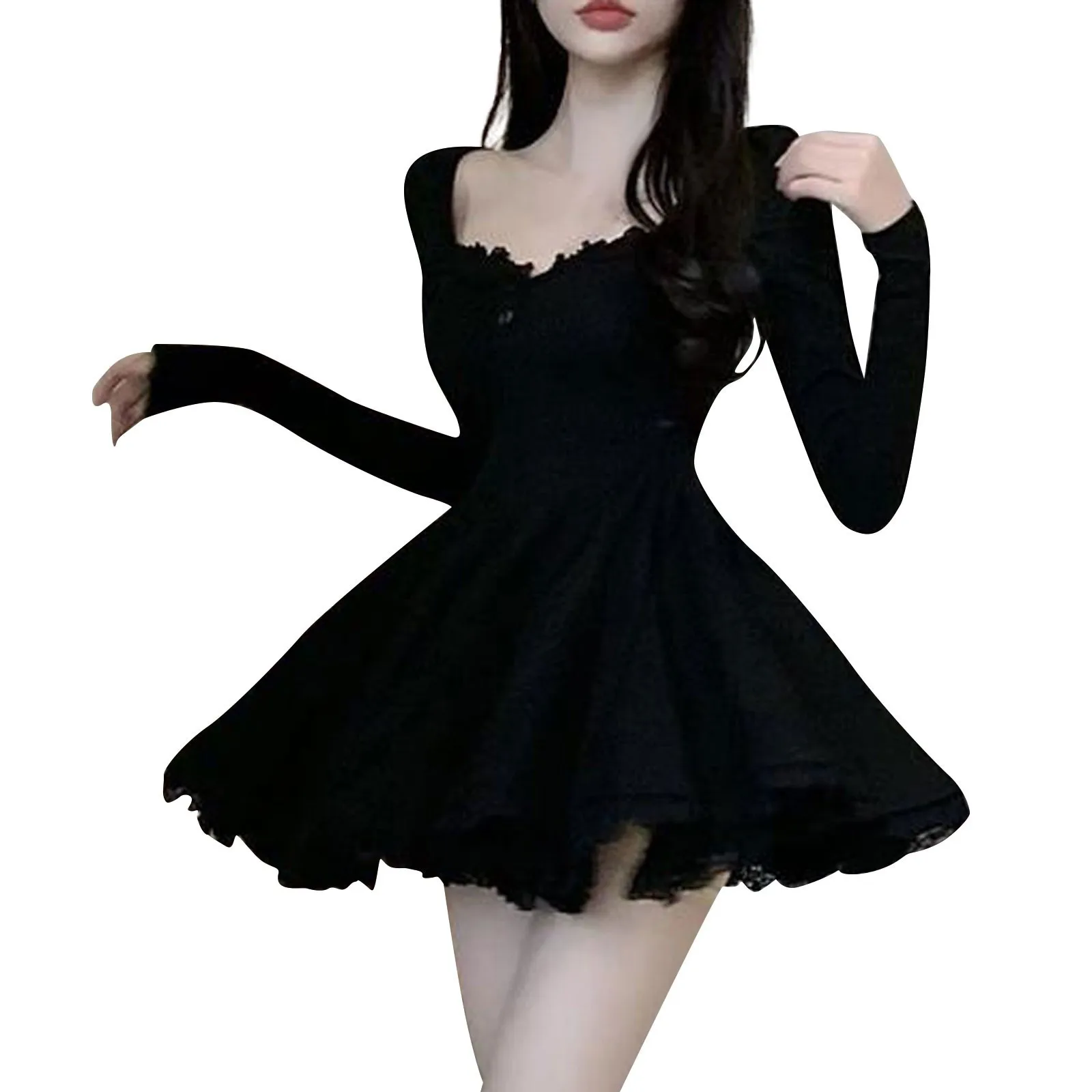 

Women's Sexy Black Dress 2024 New V-neck Mini Dress Female Long Sleeve Dress Party Vestidos For Women