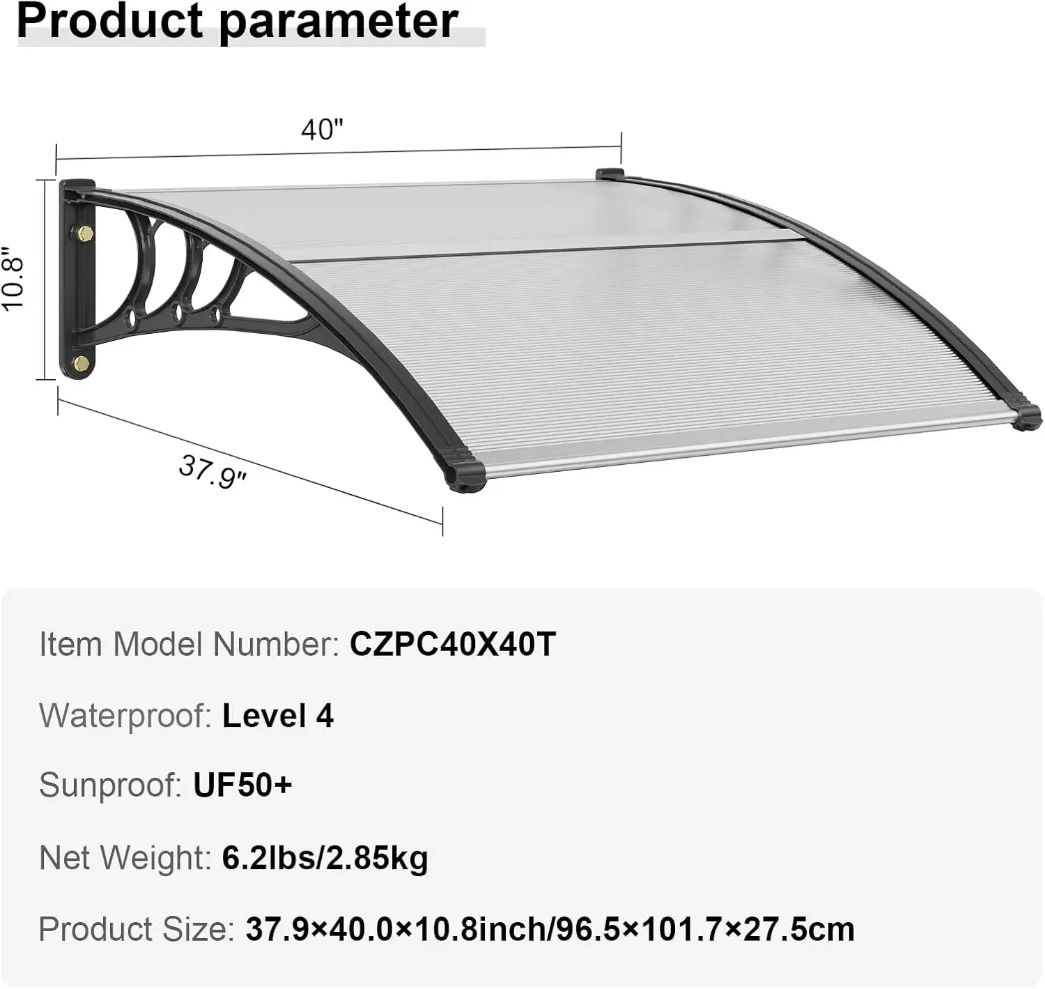 Toldo para porta de janela 40" x 40", UPF 50+ Porta de entrada de policarbonato Toldo para janela externa