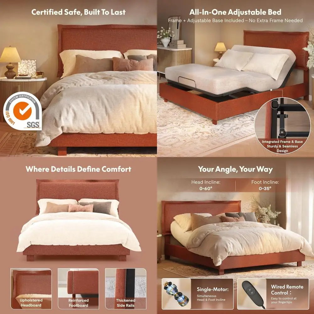

Adjustable Queen Bed with Upholstered Edge, Minimalist Style, Synchronized Movement, 600 lbs Capacity, 5Y Motor Warranty, Orange