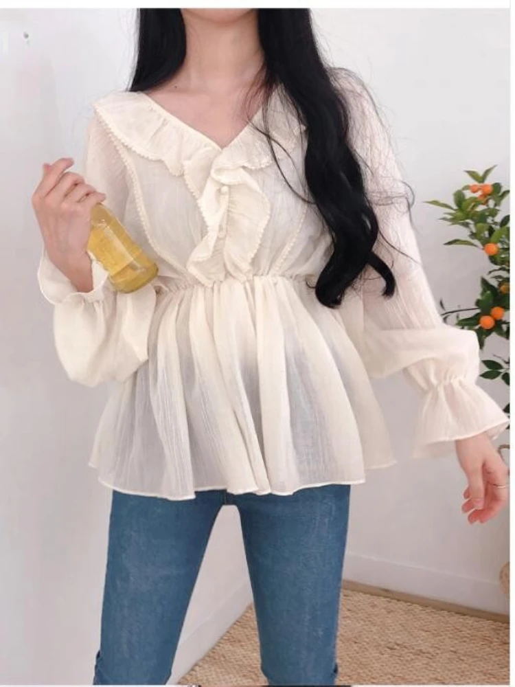 

Cute Chic Tops Women Preppy Style Girls Korea Japanese Design Slim Waist Belly Peplum Tunic Ruffled Top Blouse Flhjlwoc Vestido