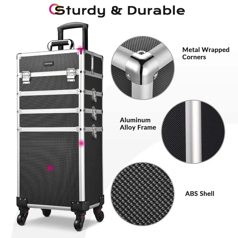 Rolling Makeup Train Case 4in1 Cosmetic Trolley Organizer Travel Case Lockable Salon Barber Case Traveling Cart Trunk