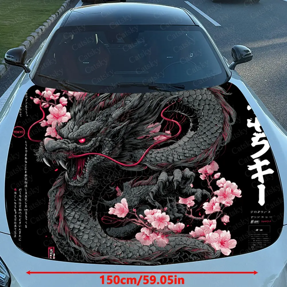Cherry Blossoms And Dragons Car Hood Sticker, Automotive Exterior Customization, Durable PVC Vinyl Wrap For Car Engine Cover