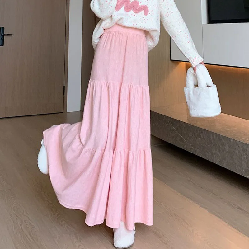 

2025 New Women's Casual Long Skirts Woman Simple Elastic Waist Loose Fit Skirt Solid Color Pleated Spliced Big Hem A-Line Skirts