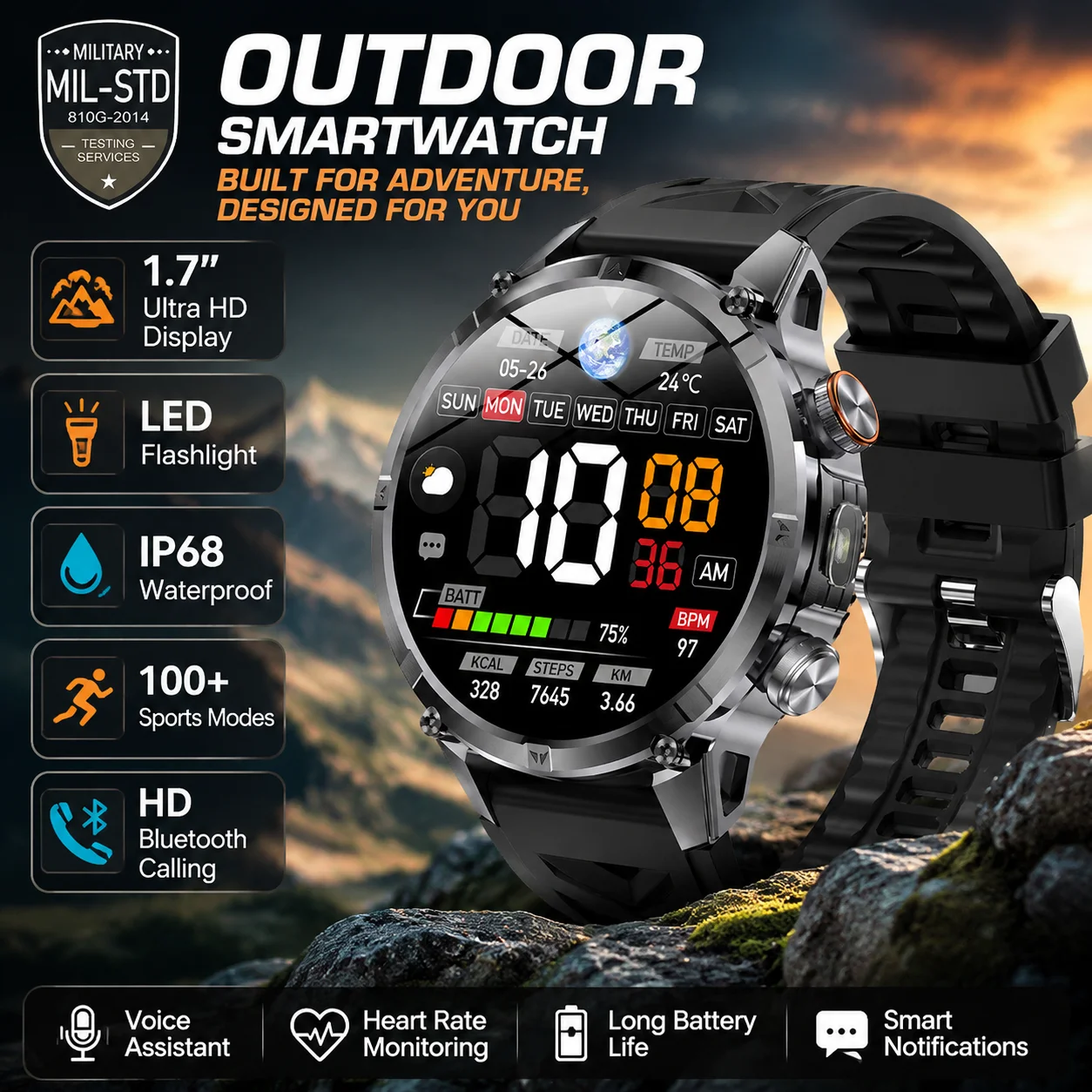 New Ultra Military Outdoor Sports Smart Watch Men Compass SOS Flashlight Health Watches IP68 Waterproof Smartwatch For Men Women