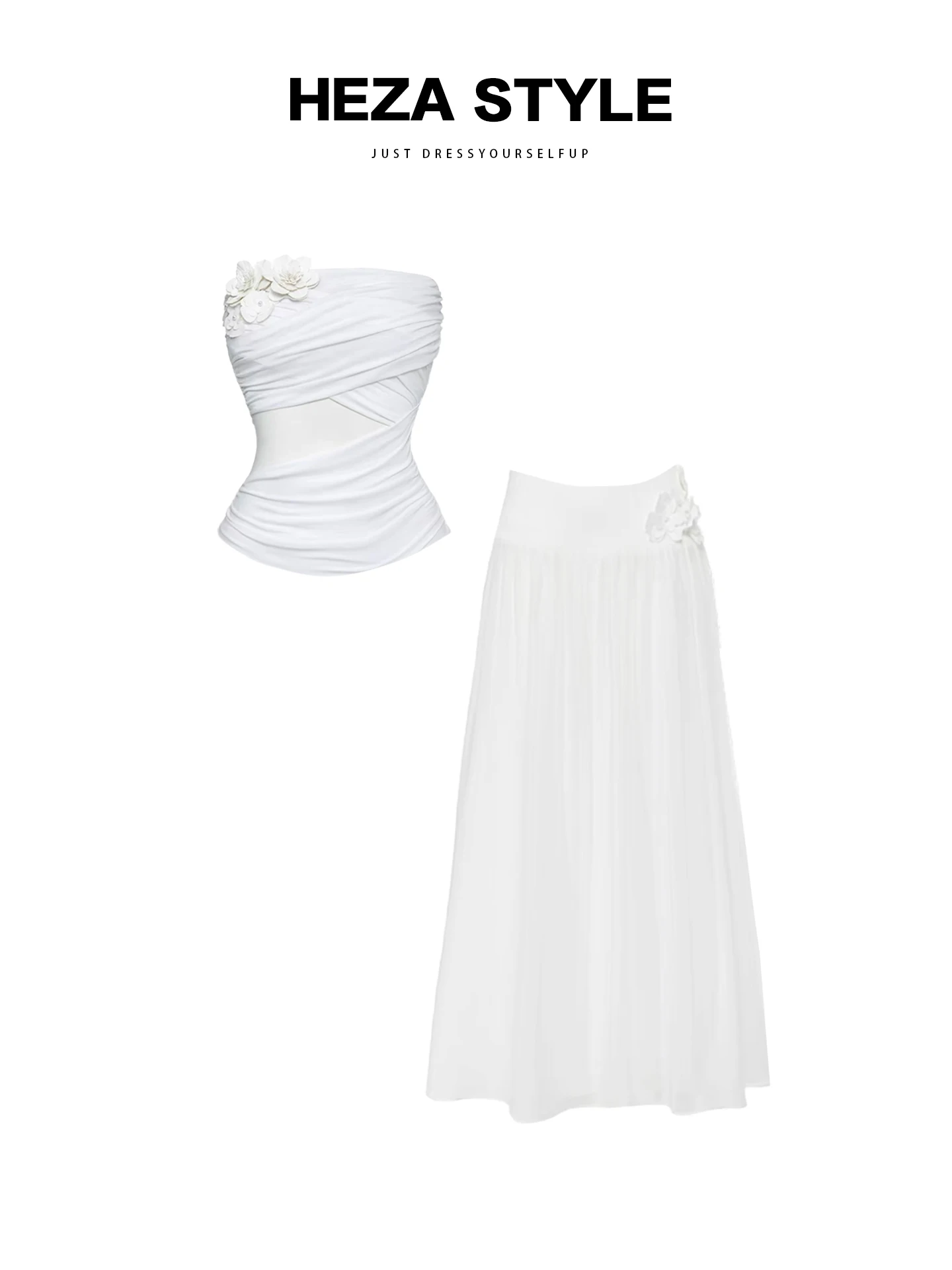 

HEZA Летний комплект Pure Desire с белым цветком на талии и юбкой с высокой талией, женский атласный повседневный наряд