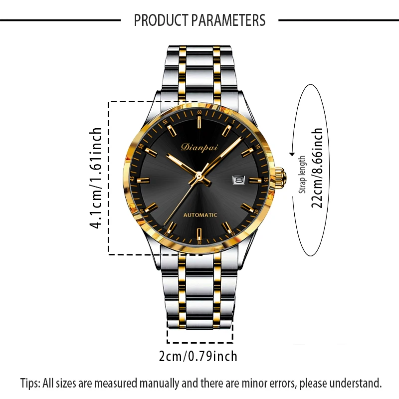 Dianpai Stainless steel calendar watch chain luminous automatic mechanical watch fashion trend casual gift men's national watch