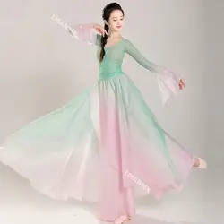 Classical dancer performance costumes chiffon practice dance clothes body long outer green pink Chinese style folk dance dress