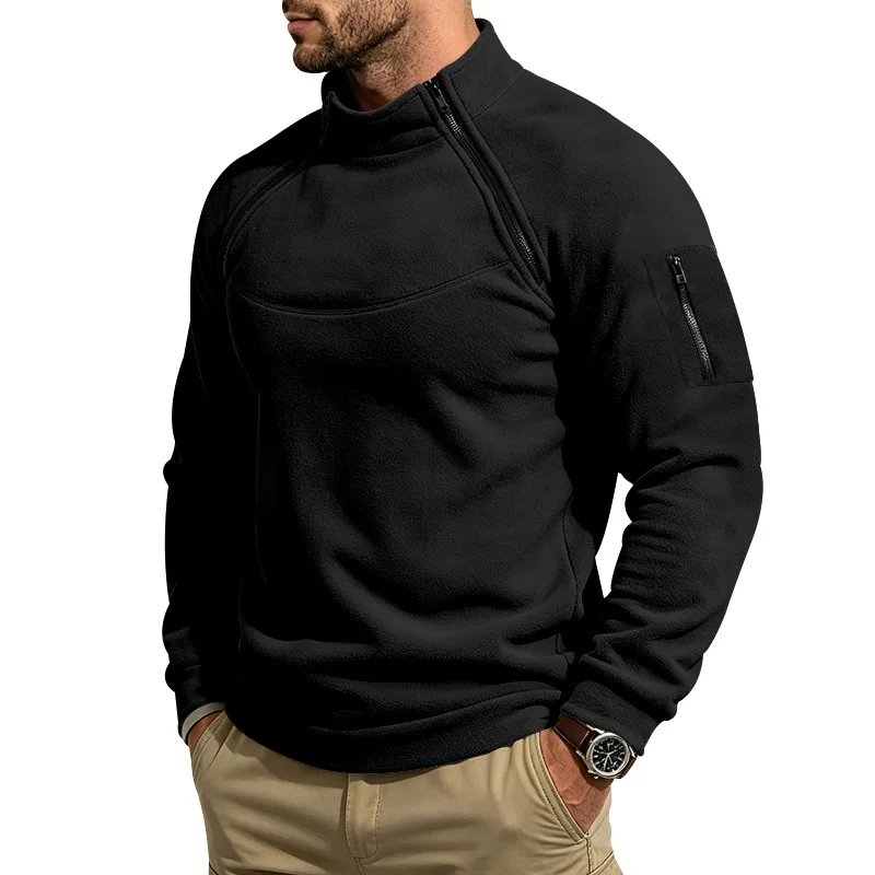 Herren Herbst-Winter-Sweatshirt aus dickem Fleece, Stehkragen, Doppelreißverschluss, lockere, warme Outdoor-Wanderjacke für den Alltag. – Detail 3