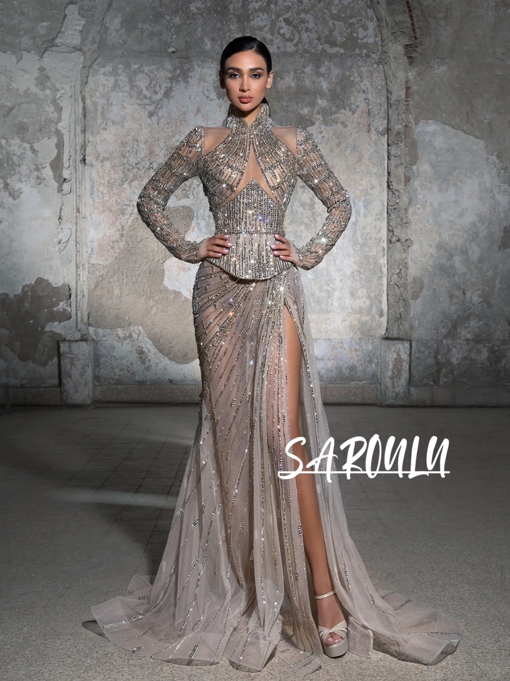 

Delicate Corset Bodice Beaded Evening Dress Glamorous A Line Sexy High Neckline See Through Cut Out Customized Formal Gown