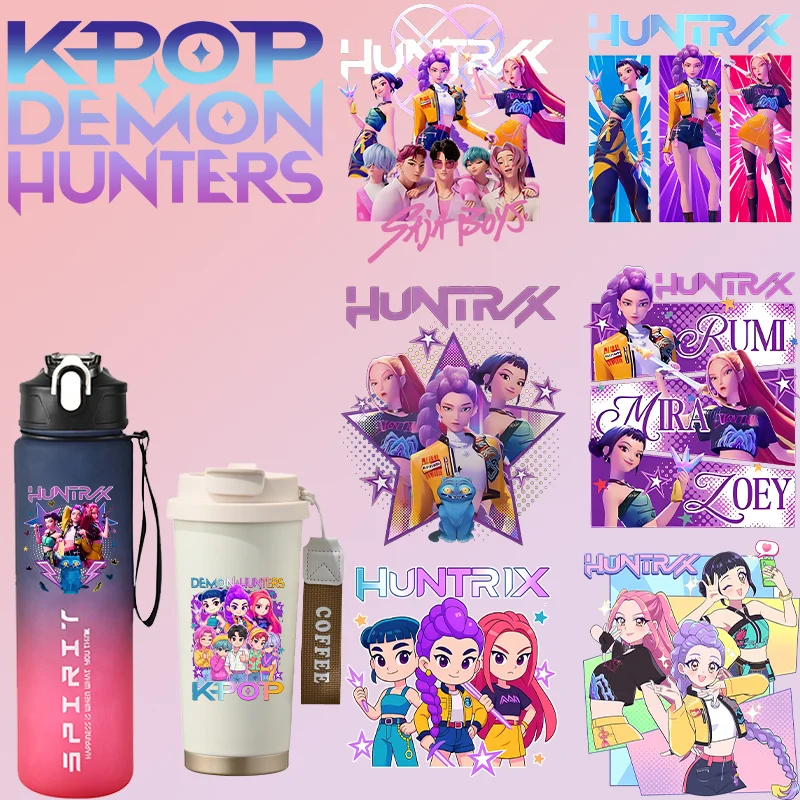 

KPop Demon Hunters UV DTF водонепроницаемые наклейки мультяшная 3D переводная наклейка подходит для чашки с водой ланч-бокса моющиеся обертки «сделай сам»