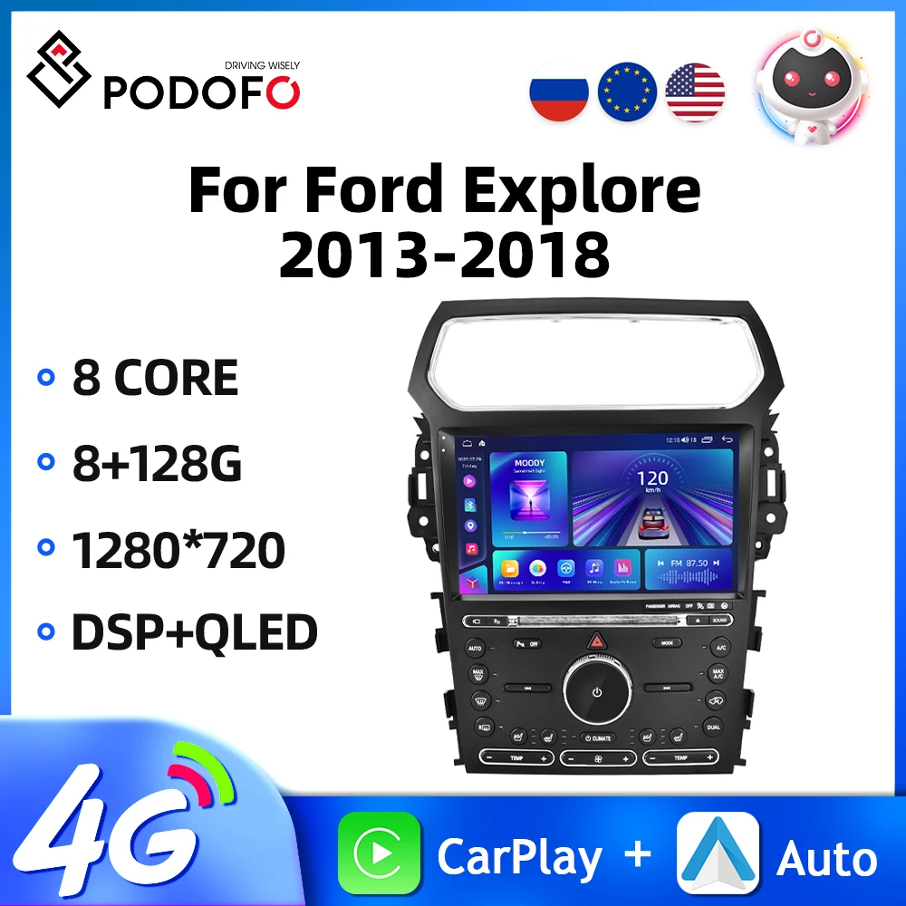 Podofo 10.1'' 2Din Car Stereo For Ford Explorer 2013-2018 Multimedia Player Carplay Android Auto 8+128G 8Core WIFI 4G Car Audio