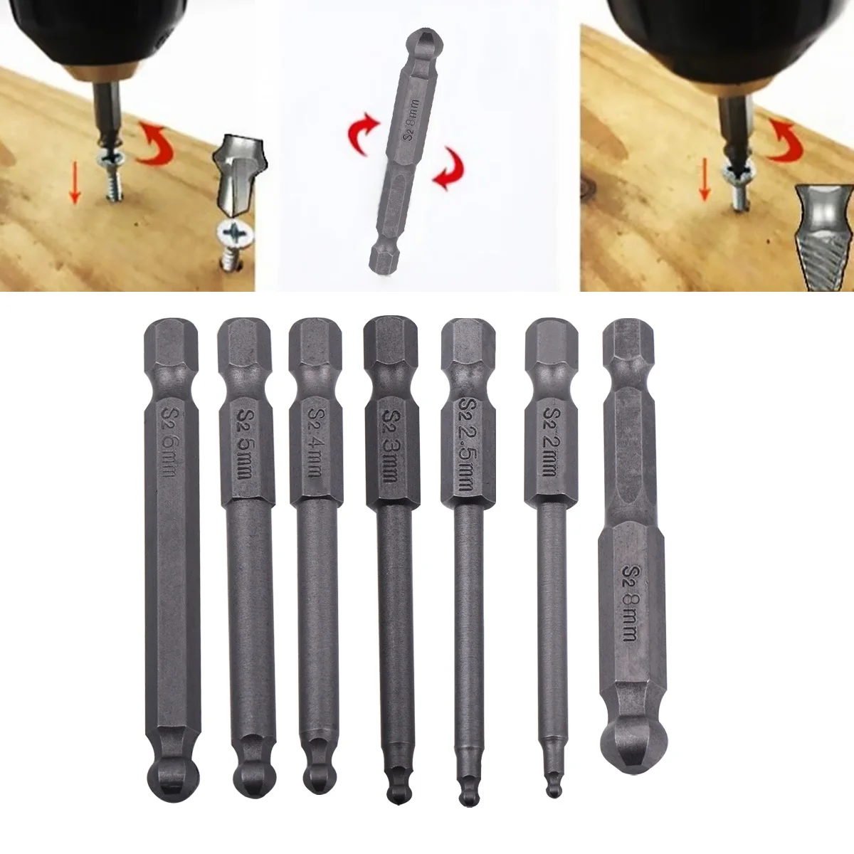 

7Pcs Alloy Steel Ball Screwdriver Set High Precision Magnetic Tips for Power Tools Long Shank Hex Driver Bits Multi Use