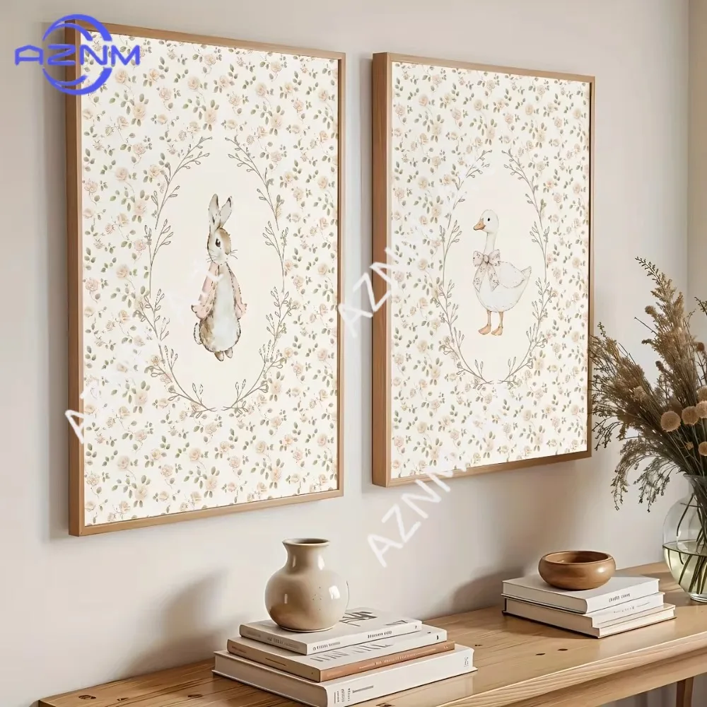 1/2Pcs Frameless Cute Rabbit and Silly Goose Nursery Poster,Farmhouse Pollen Red Canvas Art,Living Room Decor,Whimsical Design