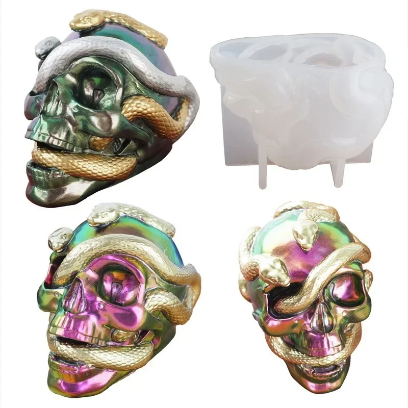 Skull Snake Head DIY Epoxy Resin Mold  Double Snake Silicone Molds Halloween Haunted Horror House Desk Decor Candle Mold