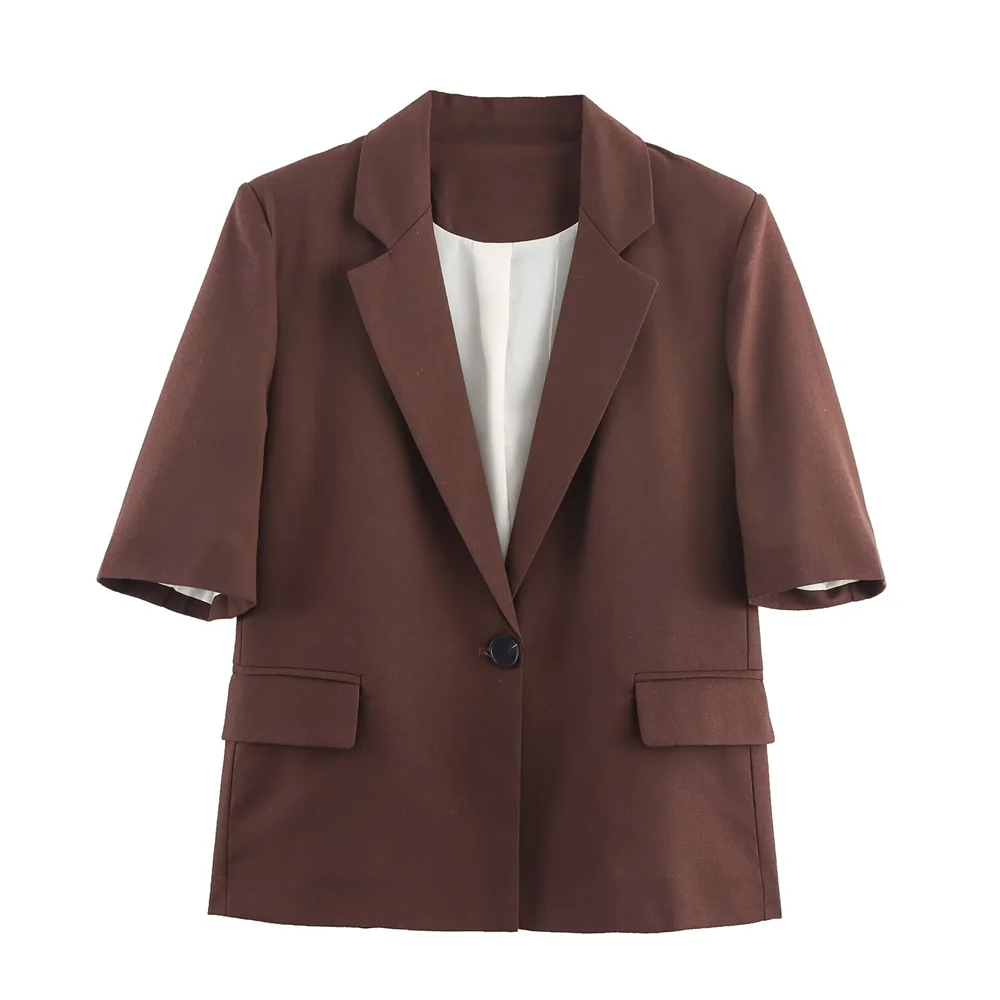 

BMURHMZA new women's casual versatile single button closed flap pocket decoration lapel short sleeved solid color suit jacket