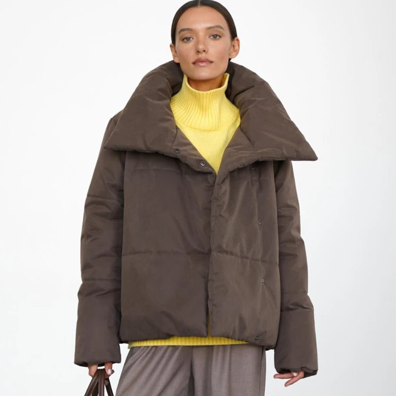 TARUXY High Collar Concealed Button Cotton Coat Women's Fashion Solid Pocket Long Sleeves Coat Winter New Casual Clothing Female