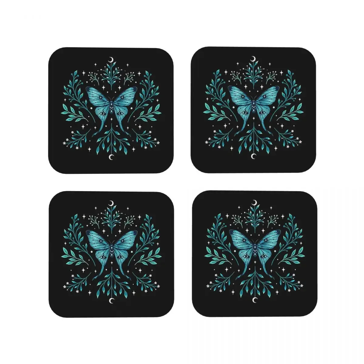 Mystical Moon Moth - Turquoise Coasters Kitchen Placemats Non-slip Insulation Cup Coffee Mats For Home Tableware Pads Set of 4