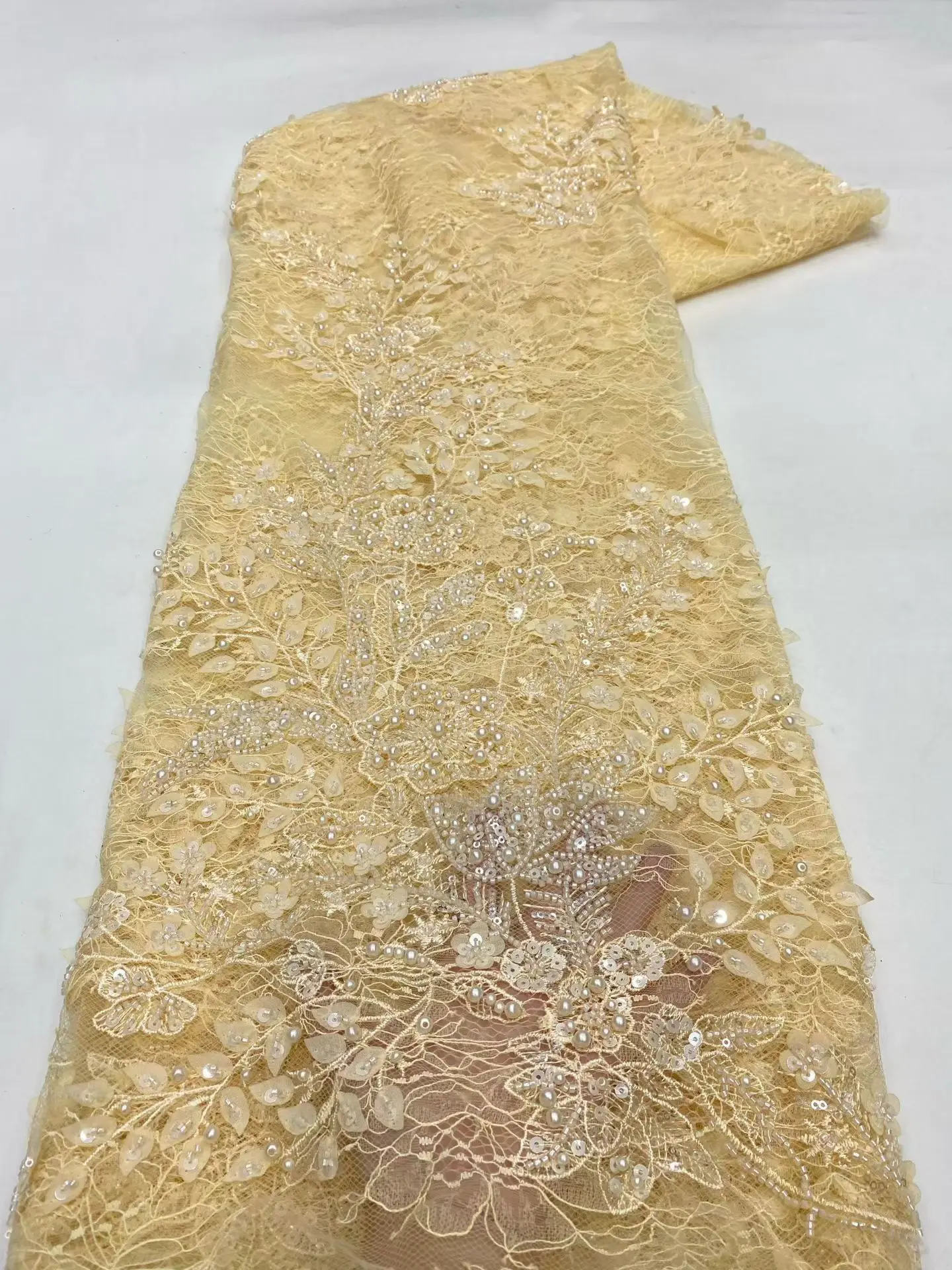 

New Style Gold Handmade Beads African Lace Fabric With Sequins 2026 High Quality Beaded French Lace Fabric For Women KXX26128