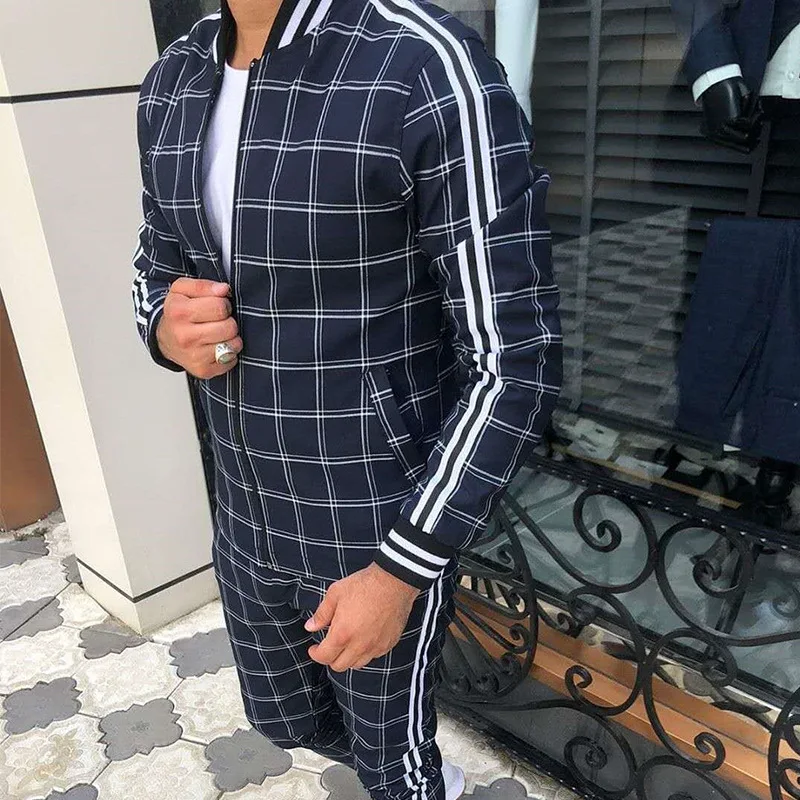 New Plaid Tracksuit Men\'s Sets Gentleman Jacket Sportswear Male Sports Suit 3D Print 2 Piece Set Sweatpants Chandals Man Clothes