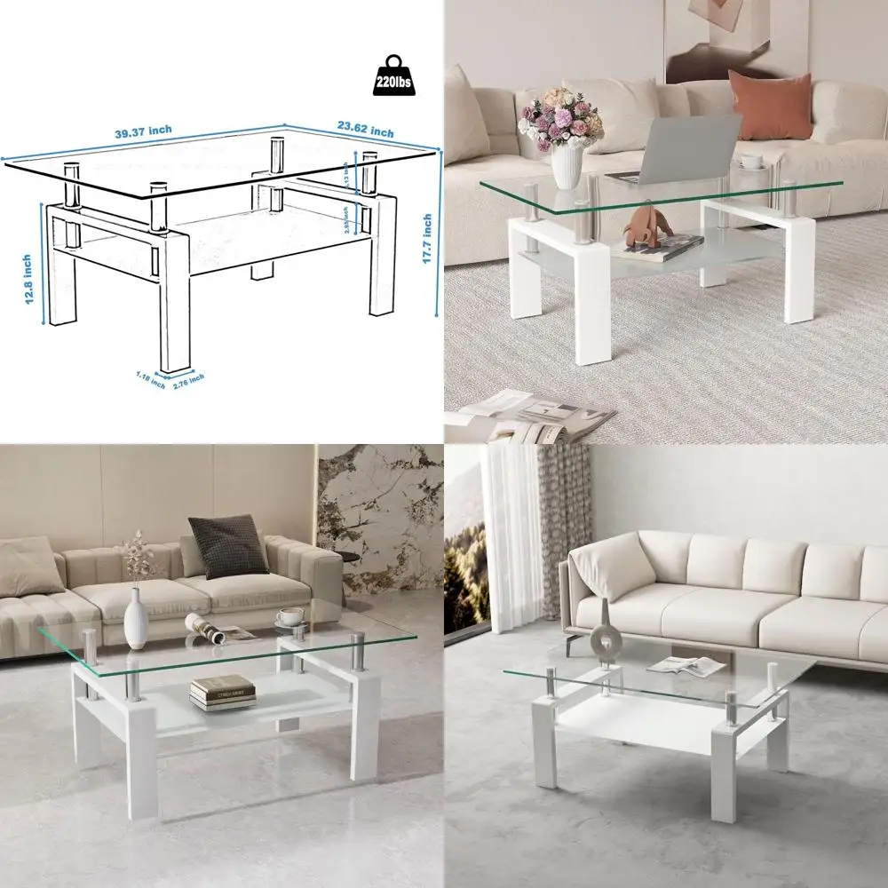 Modern Rectangular Tempered Glass Coffee Table with White Metal Frame for Living Room