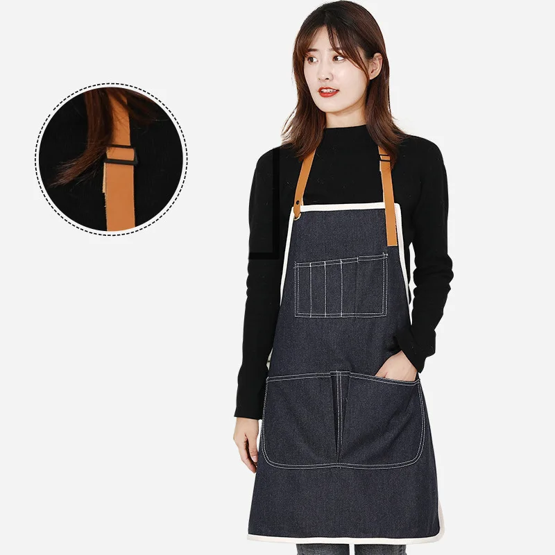 New Thickened Canvas Denim Woodworking Antifouling Barista Kitchen Restaurant Barber Durable Pocket Apron Wholesale Custom Logon