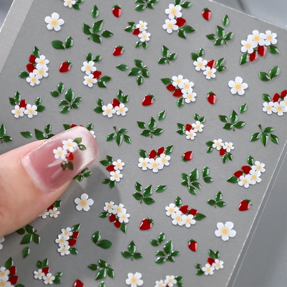 1Pcs 5D Delicate White Jelly Flower Red Fruit Nail Stickers Strawberry Green Leaves Adhesive Nail Decals Floral Manicure Sliders