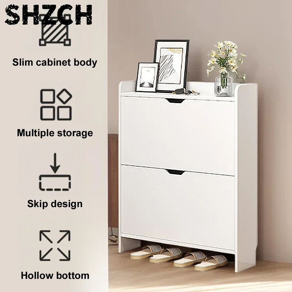 2-Tier Wooden Shoe Organizer Cabinet with Flip Drawers Narrow Shoe Storage Cabinet Space Saving Slimming Shoe Rack for Hallway