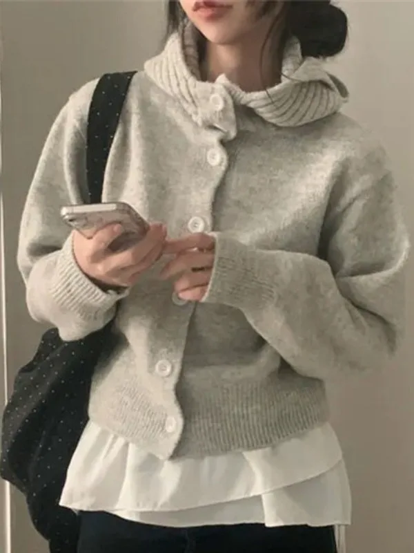 Cozy High Collar Knitted Sweater Coat Women's Autumn Winter Simple Match Youthful Button Long Sleeve Hooded Knitwear