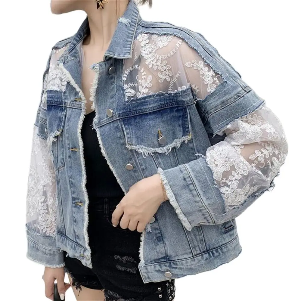 

Denim Jacket Women Casual Long Sleeve Coat Lace Patchwork Jeans Tops Women Sexy Perspective Embroidery Flower Outerwear Spring