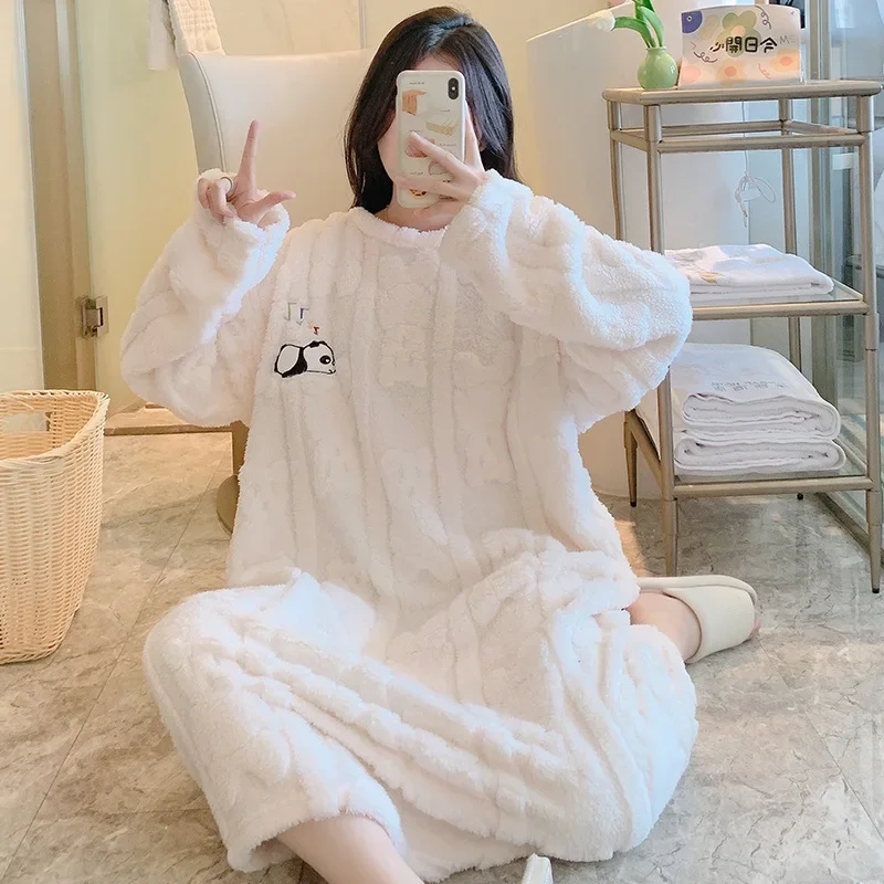 5XL Plus Size Women Sleepwear Winter Flannel Cartoon Nightgown Coral Fleece Thick Warm Pajamas Home Clothes Can Be Worn Outside