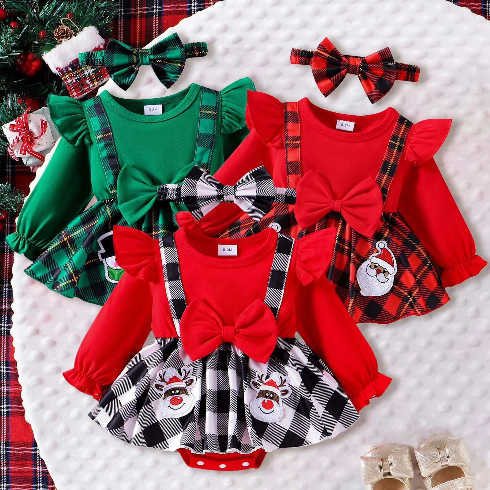 

Baby Girl Christmas Clothes Cartoon Deer Santa Plaid Bodysuit Dress For Infants Newborns My First New Year Costume For Babies