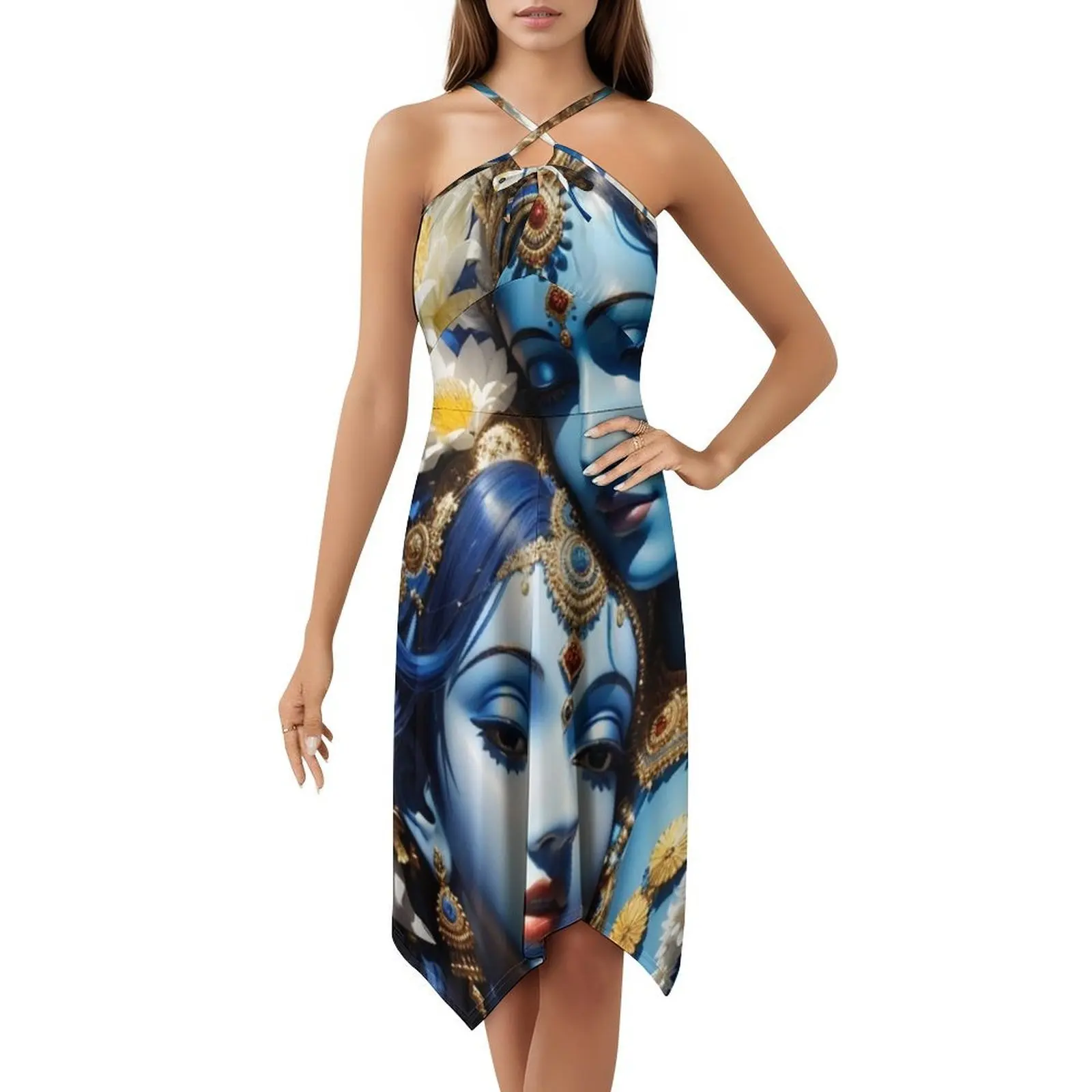 فستان Radha Krishna بوهيمي بدون أكمام للنساء مطبوع فساتين حفلات الشاطئ Radha Krishna Divine Mother Godless فستان نسائي #5
