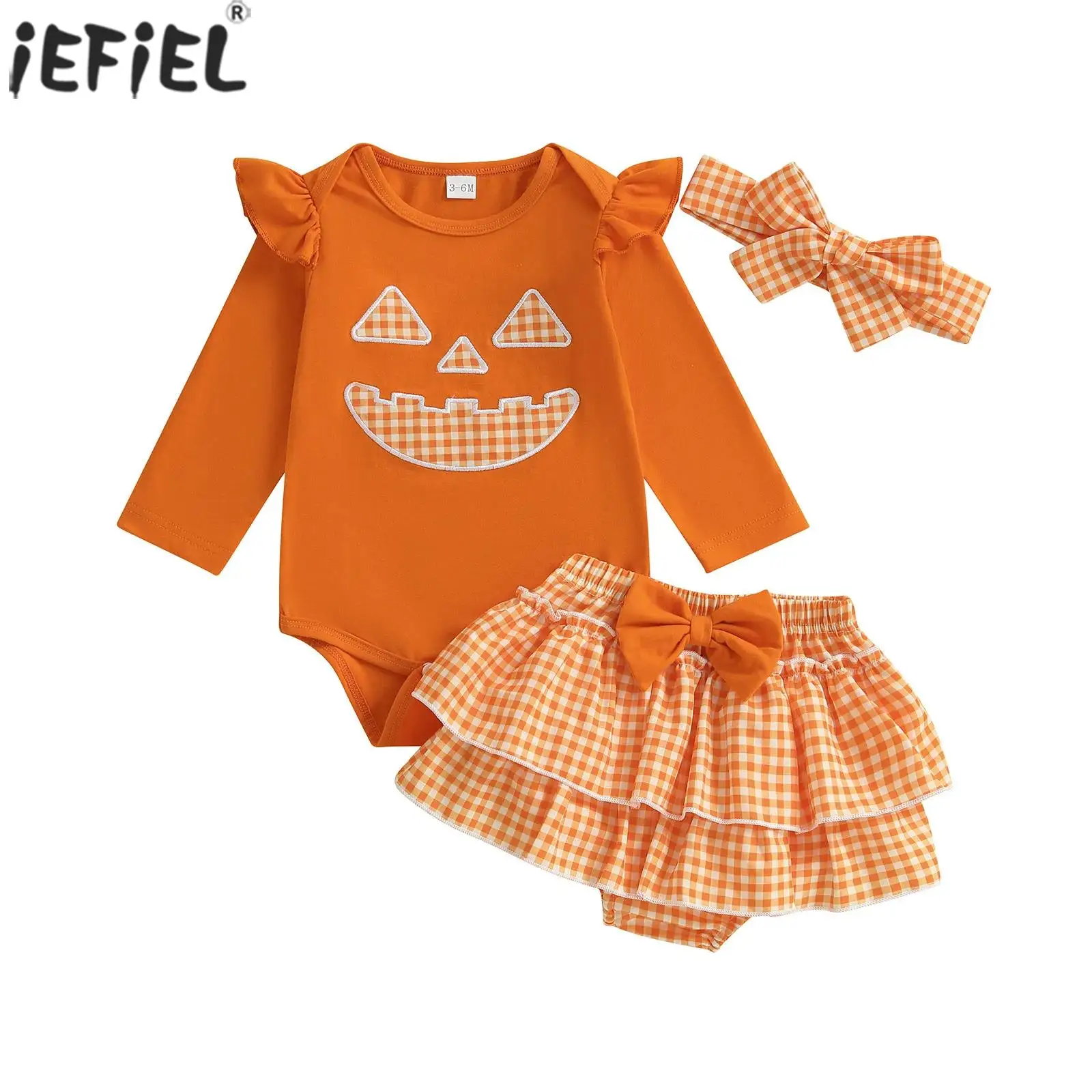 Ropa de calabaza de Halloween para niñas recién nacidas, peleles de manga larga con volantes y falda a cuadros con volantes escalonados, conjunto de banda para la cabeza