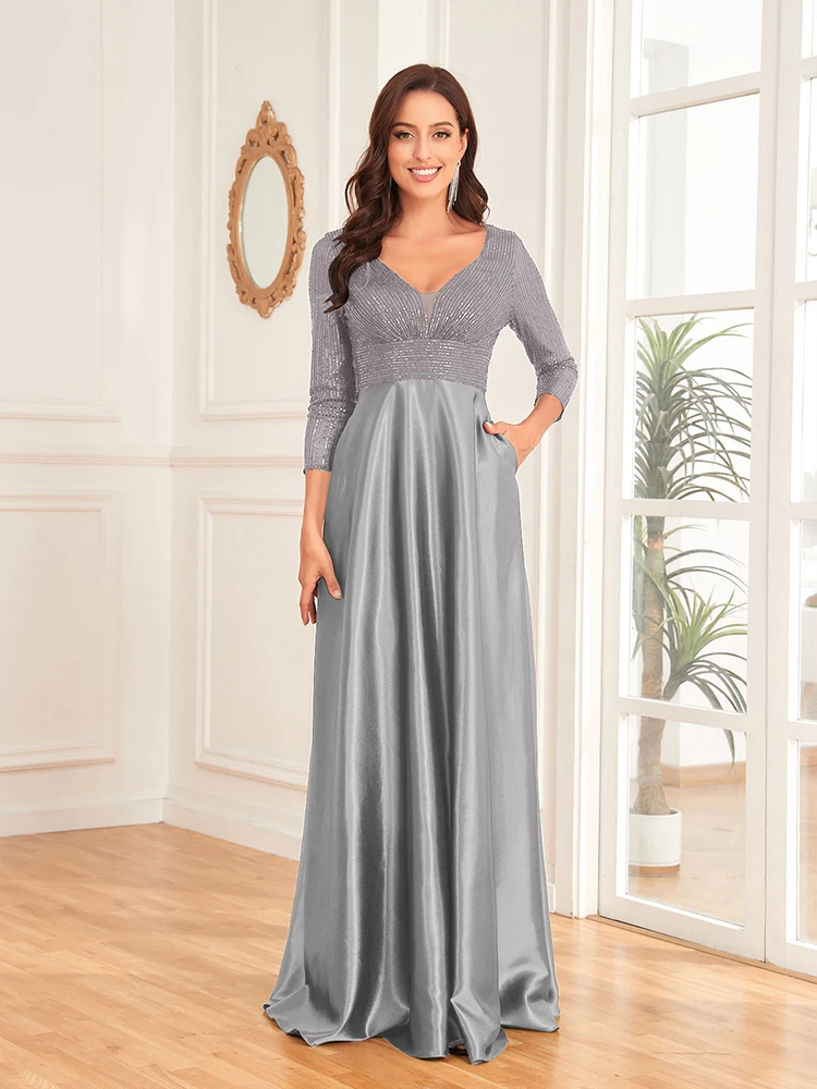 

XUIBOL Elegant Sequins Long sleeve Floor Length Evening Dresses 2024 Women Deep V-neck Satin Prom Party Dress Grey Formal Gown