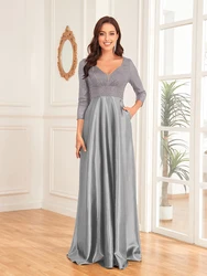 XUIBOL Elegant Sequins Long sleeve Floor Length Evening Dresses 2024 Women Deep V-neck Satin Prom Party Dress Grey Formal Gown