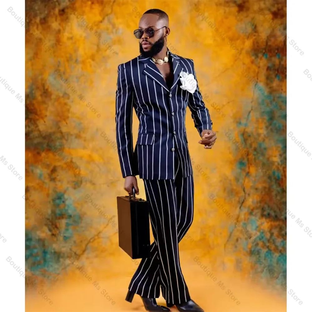 Conjunto de traje a rayas a la moda para hombre, chaqueta informal con solapa de muesca de dos piezas, ropa masculina de fiesta de boda de alta calidad con una botonadura
