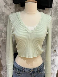 Vintage Solid V Neck Knitted Sweater Women Spring Green Sweet Long Sleeve Soft Cotton Y2k Crop Top Casual Vintage Slim Sweaters