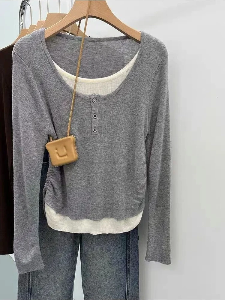 

Korean Sle Long Sve Color Blo T-irt Men Women Spring Autumn Slim Fit Wrinkle Base Layer Top Unique Design Sense