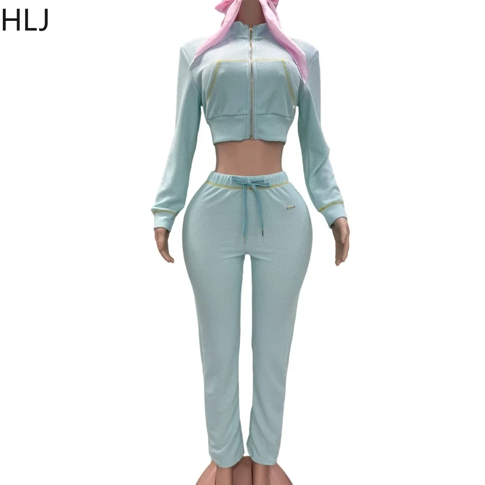 HLJ Autumn New Waffle Sporty Two Piece Sets Outfits Women Zipper Long Sleeve Crop Top And Jogger Pants Tracksuit Female Clothing