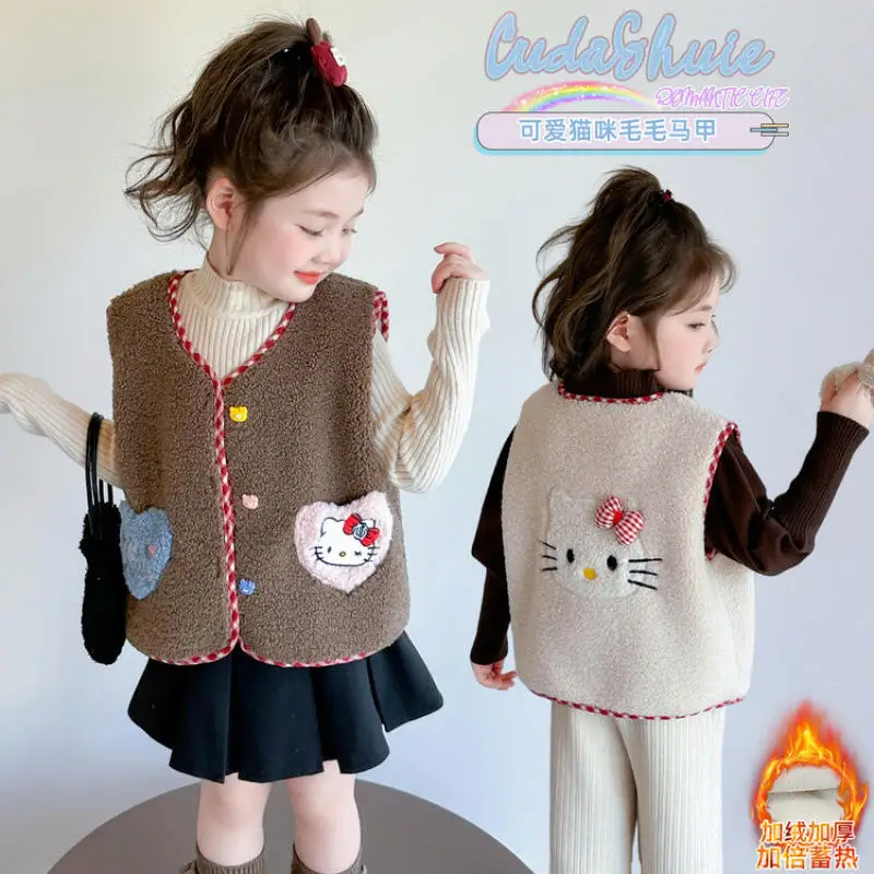 

Hot Sanrio Girl Vest Hello Kitty Kawaii Anime Fashion Student Autumn and Winter Keep Warm Thicken Tops Children's Clothing New