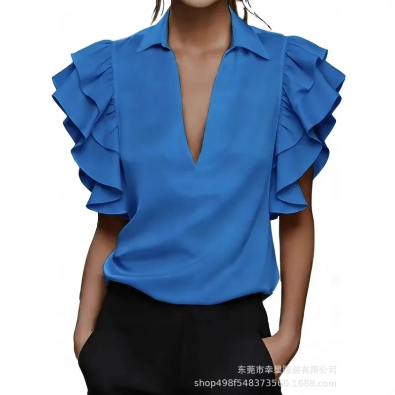 Women V Neck Ruffle Sleeve Blouse Lapel Collar Solid Color Summer Short Sleeve Casual Shirts