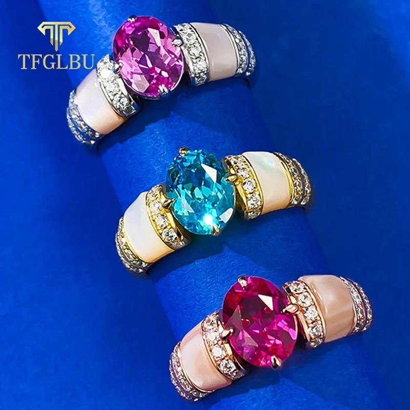 

TFGLBU Shine Blue/pink Oval Zircon Solid 925 Silver Ring for Women Fancy Original Party Engagement Band Christmas Gift Jewelry