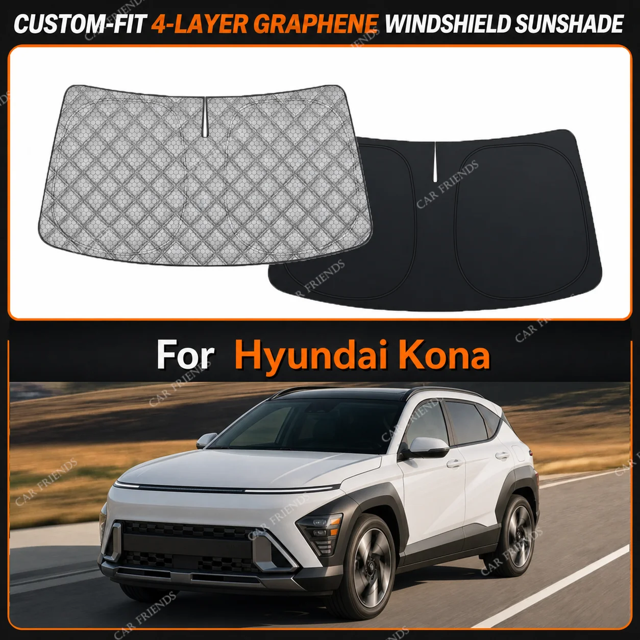 For Hyundai Kona Custom-Fit 4-Layer Graphene Windshield Sunshade Reflective Gray-Silver Surface Helps Reduce Direct Sunlight