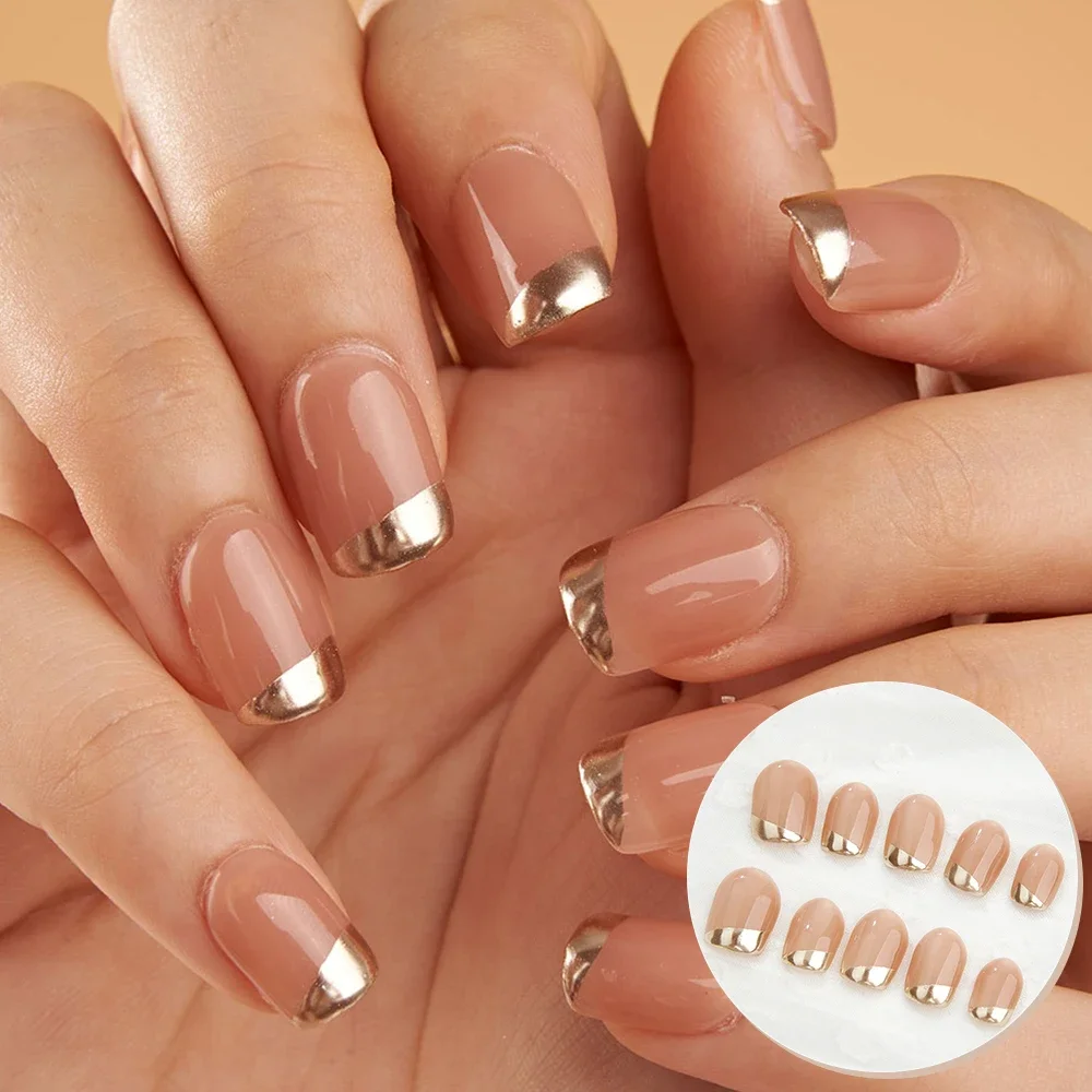 

10Pcs Handmade Press on Nails Gold French Nude Design Sweet Removable Nail for Women and Girls Nail Salon