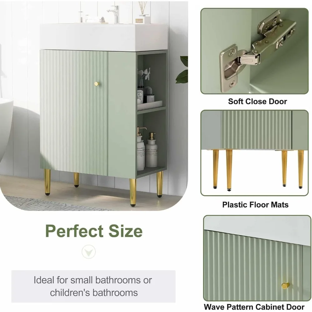 21.6 in Small Bathroom Vanity with Sink,Doors and Storage Shelves,Wood Modern Single Fluted Bathroom Sink Cabinet Freestanding (