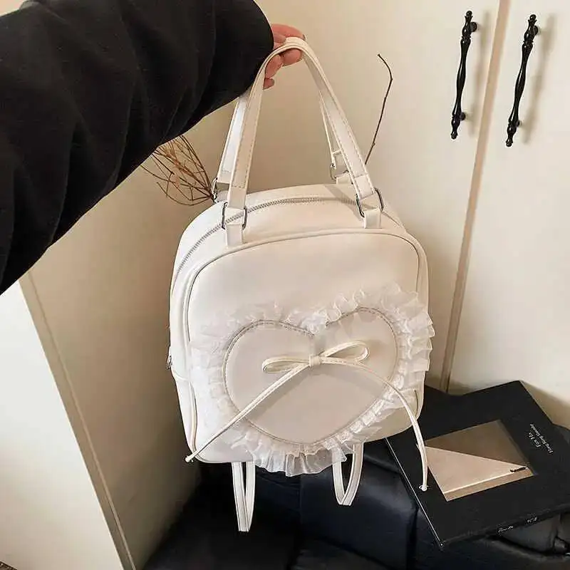 Sweet Kawaii Lace Patchwork Heart Bow Mini Handbags Japanese Chic Girls Preppy Schoolbags Y2k Aesthetic Casual Backpacks Women
