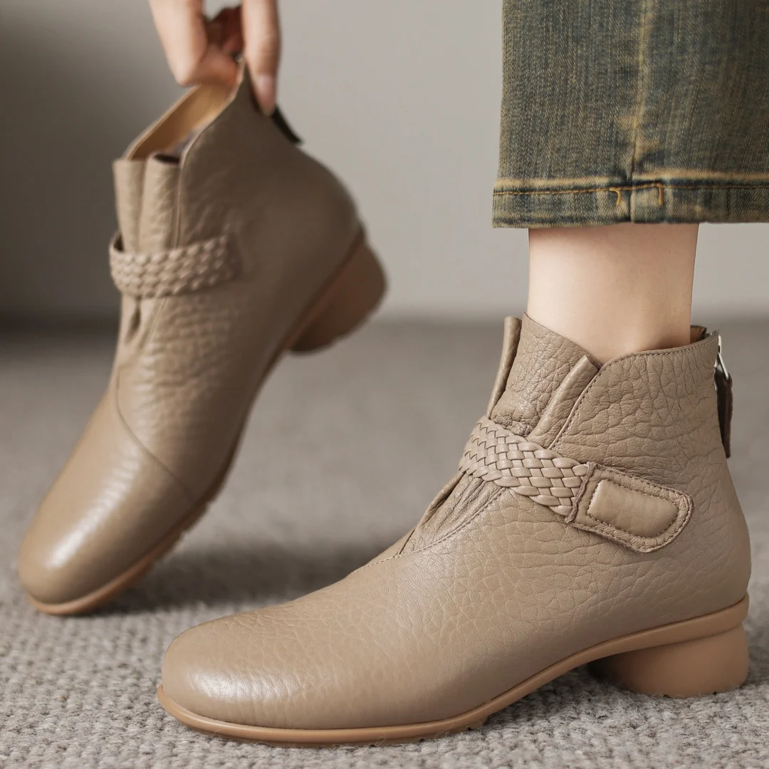 

Women's sheepskin round toe narrow band hook&loop back zip wool inside winter ankle snow boots 3.5cm round low heel casual boots