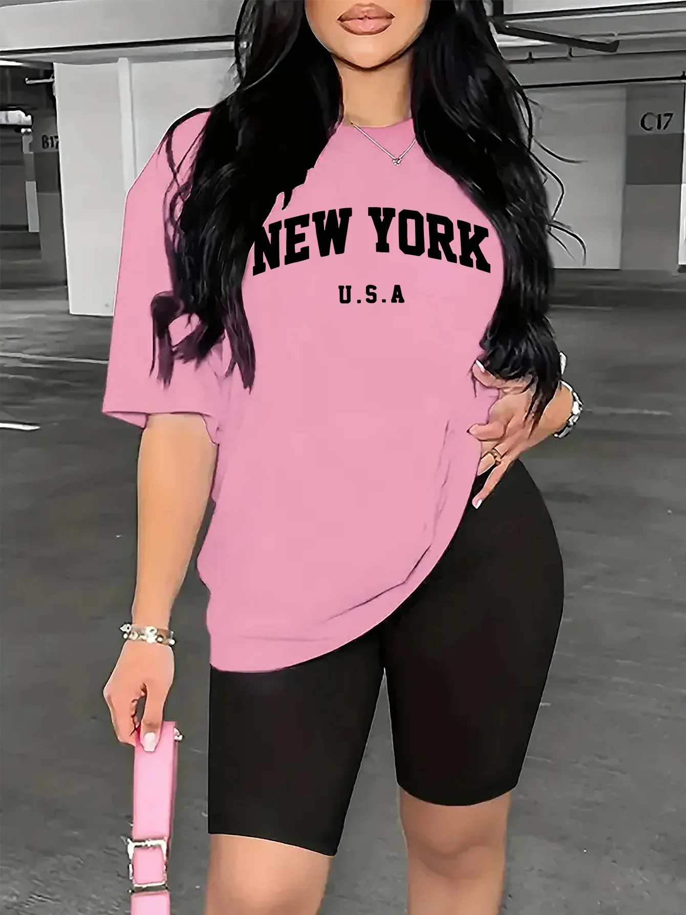 

Women's Casual Sportswear 2-Piece Set,"New York"Letter Print Short SleeveT-shirt with Running Athletic Shorts,Active Wear Outfit