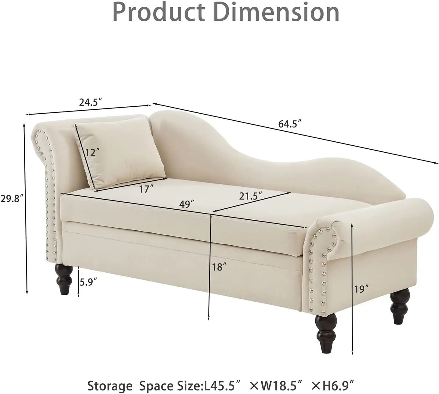 Chaise Lounge Indoor with Storage, Left Arm Facing Upholstered Velvet Lounge Chair with Nailhead Trim & Rolled